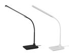 To moderne skrivebordslamper i henholdsvis sort og hvid.