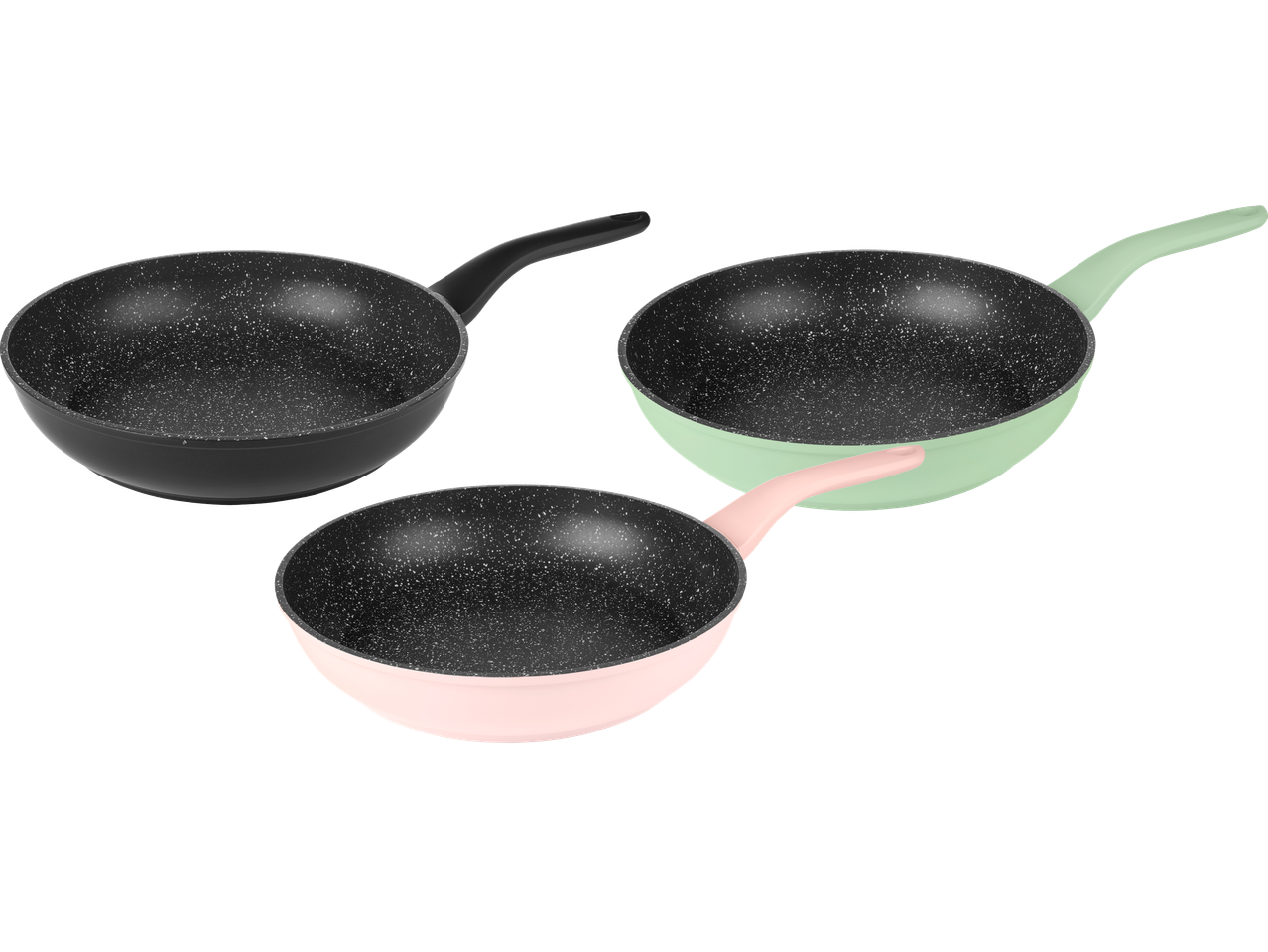 Tre stekpannor i olika färger: svart, mintgrön och rosa.