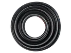 Black garden hose with white mesh reinforcement, coiled, showing specifications.