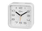 White square alarm clock with a minimalist design and black numbers.