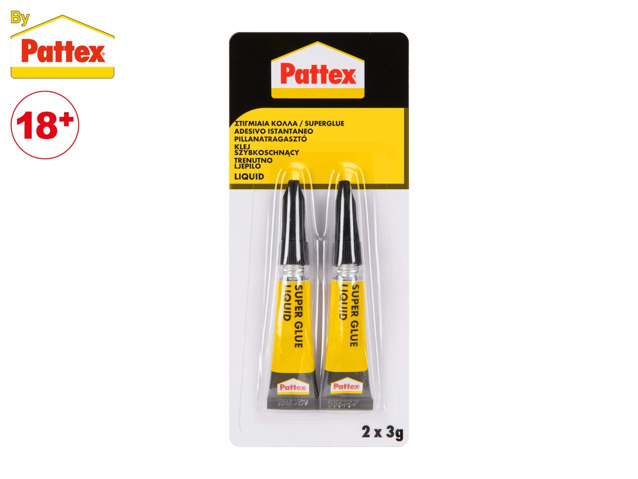 Two tubes of super glue in a blister pack, with text indicating it's liquid and 2 x 3g.