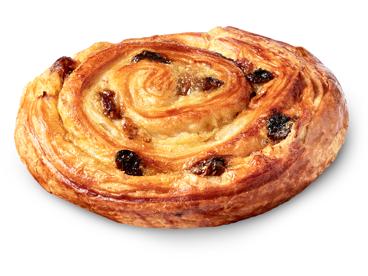 Een gebakje met rozijnen, in een spiraalvorm gebakken.