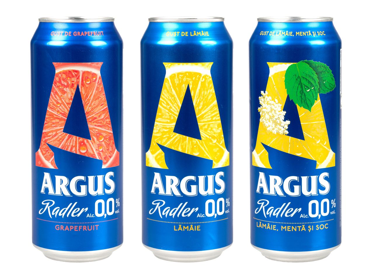 Trei doze Argus Radler 0,0% cu gust de grapefruit, lămâie și lămâie cu mentă și soc.