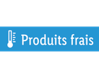 Badge bleu avec un thermomètre et le texte 'Produits frais'.