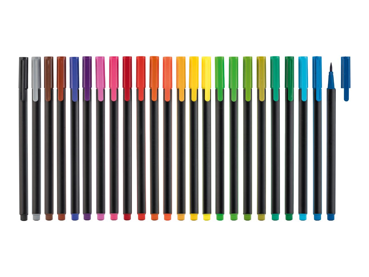 A row of colorful brush pens with black bodies and matching caps, arranged by color.