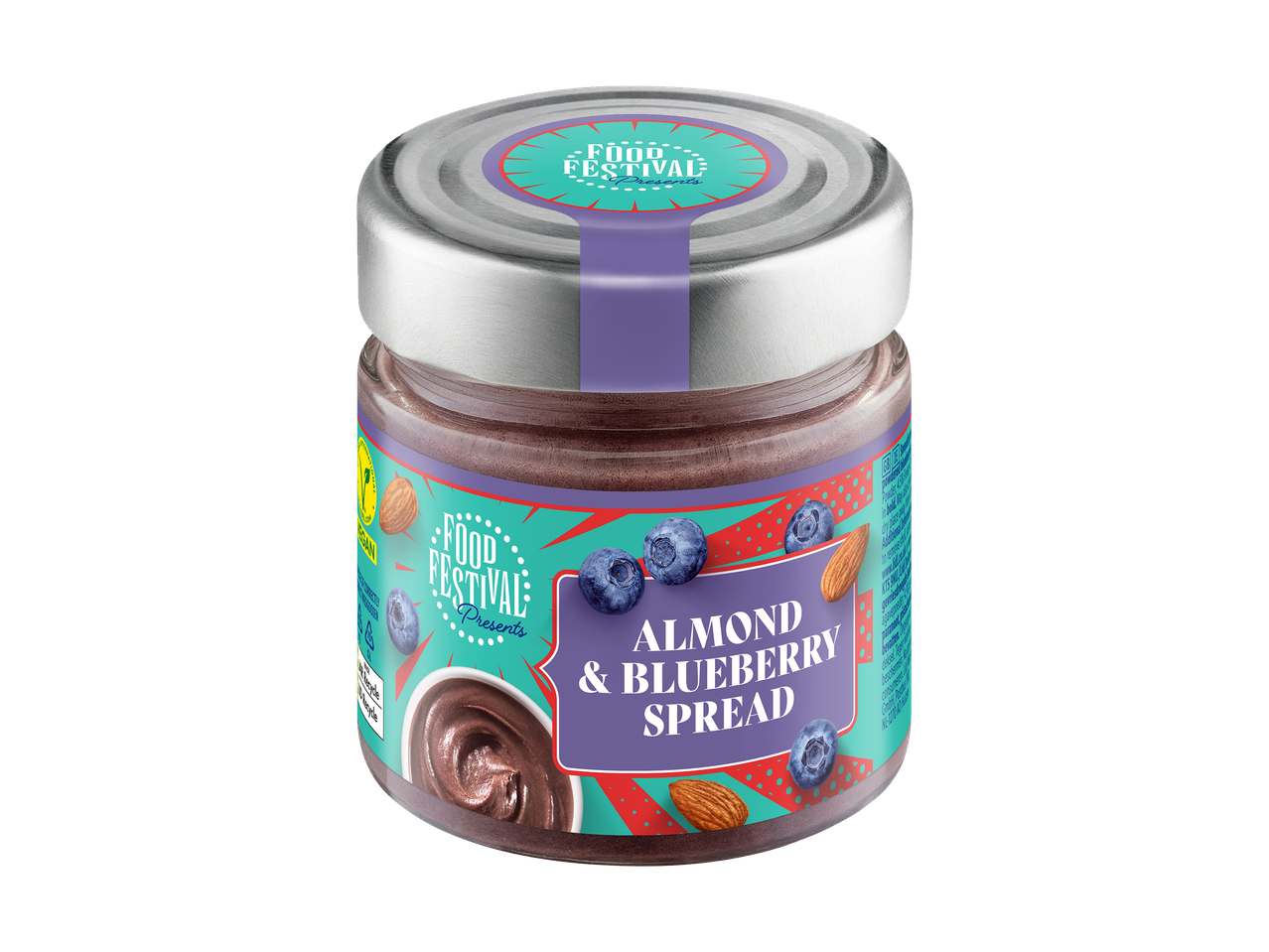 Potje amandel- en bosbessenspread met een label van Food Festival Presents.