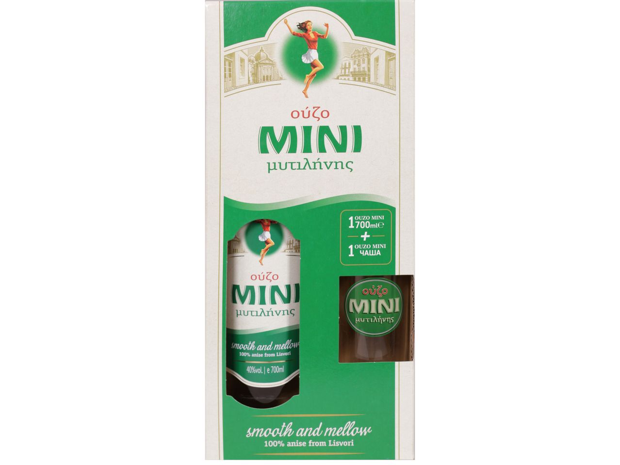 Кутия Ouzo Mini μυτιλήνης с бутилка и чаша.