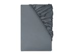 A folded grey fitted sheet with elasticated corners, viewed from above.