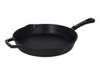 Black cast iron skillet with a long handle and an additional helper handle.