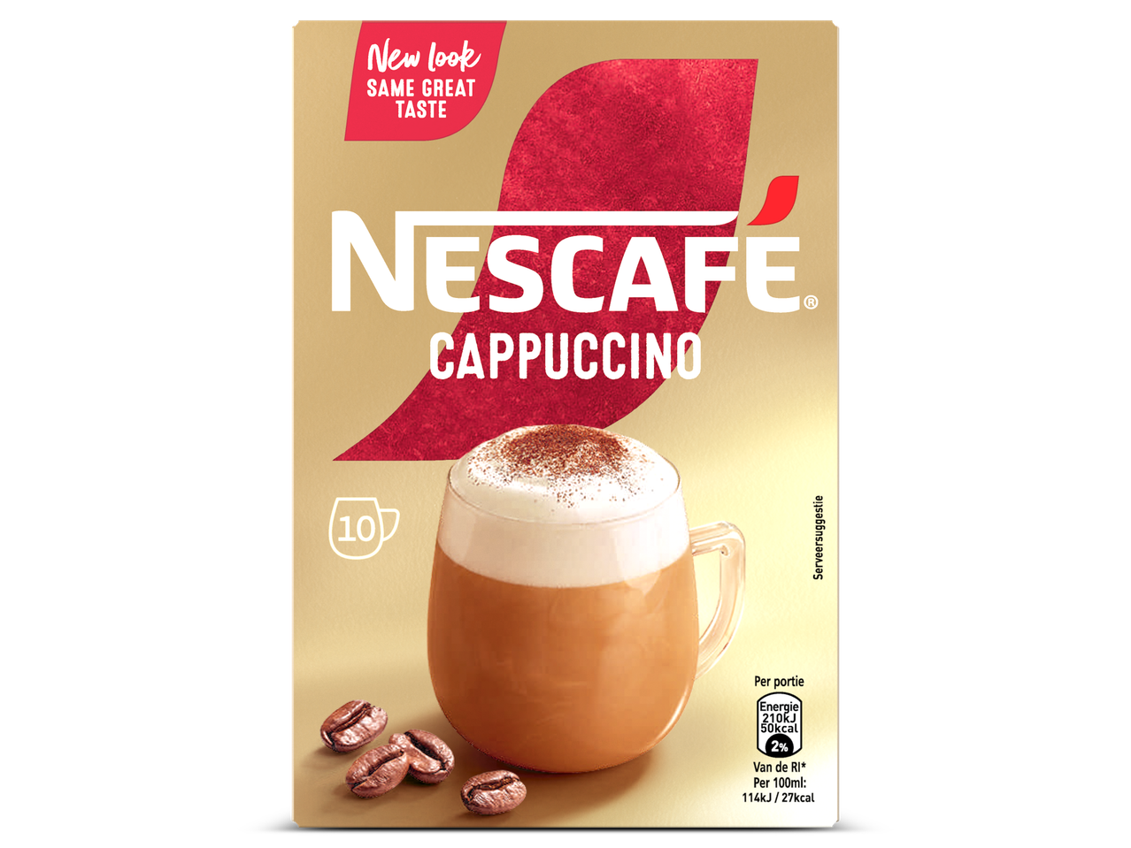 Nescafé Gold Cappuccino doos met een kopje cappuccino en koffiebonen