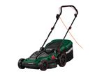 Green electric lawnmower with black wheels and an orange power cord.