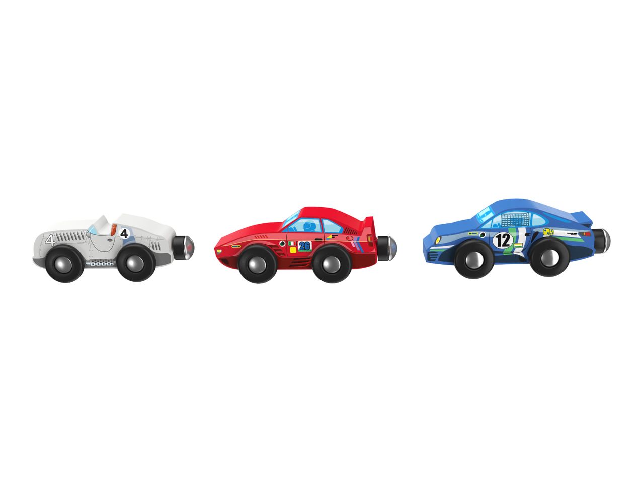 Three toy race cars in white, red, and blue, with magnetic connectors.