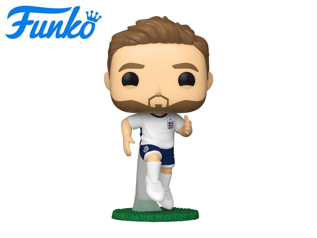 Football player figurine in white and blue uniform, running pose, on a green base.