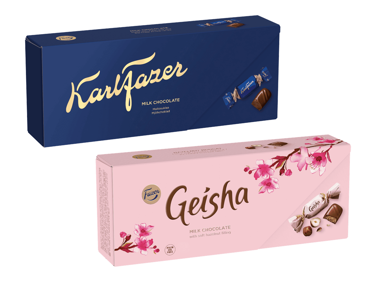 Kaksi suklaakonvehtirasiaa, sininen maitosuklaarasia ja vaaleanpunainen pähkinäsuklaarasia.