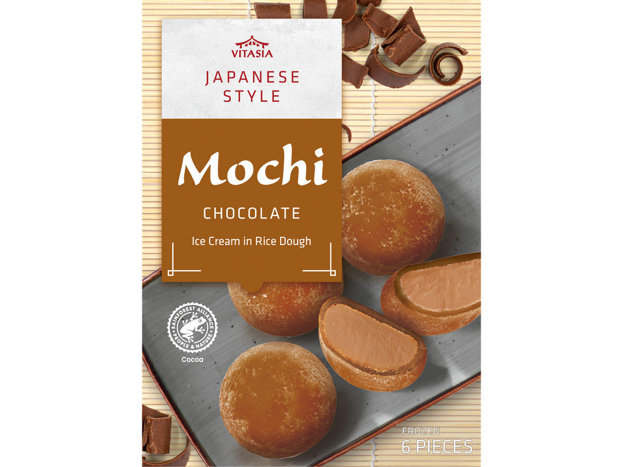 Mochi de chocolate estilo japonês da Vitasia, 6 unidades congeladas.