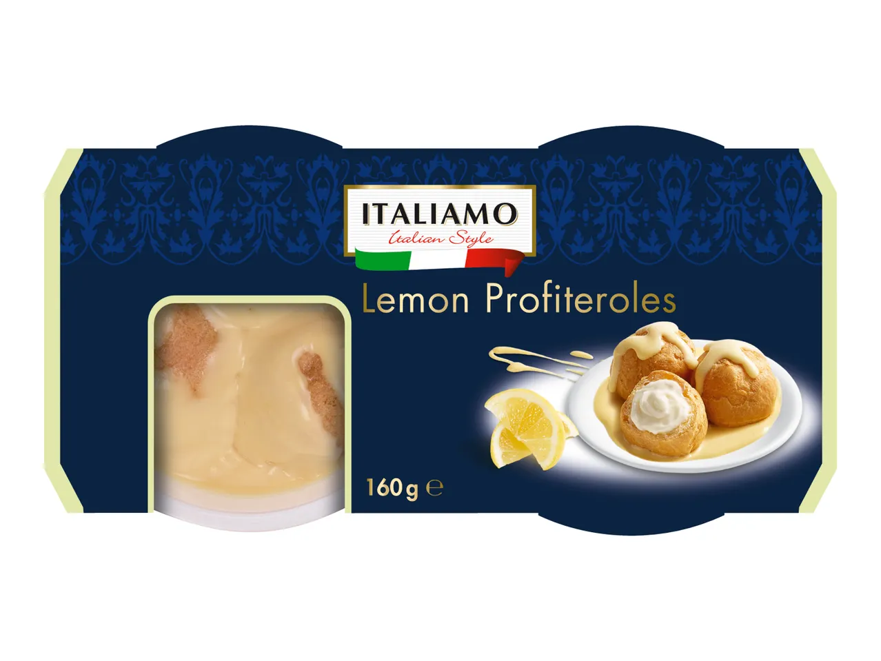 Lemon profiteroles in a container and on a plate, with lemon slices, 160g.