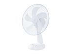 White desk fan with a protective grille and speed control buttons