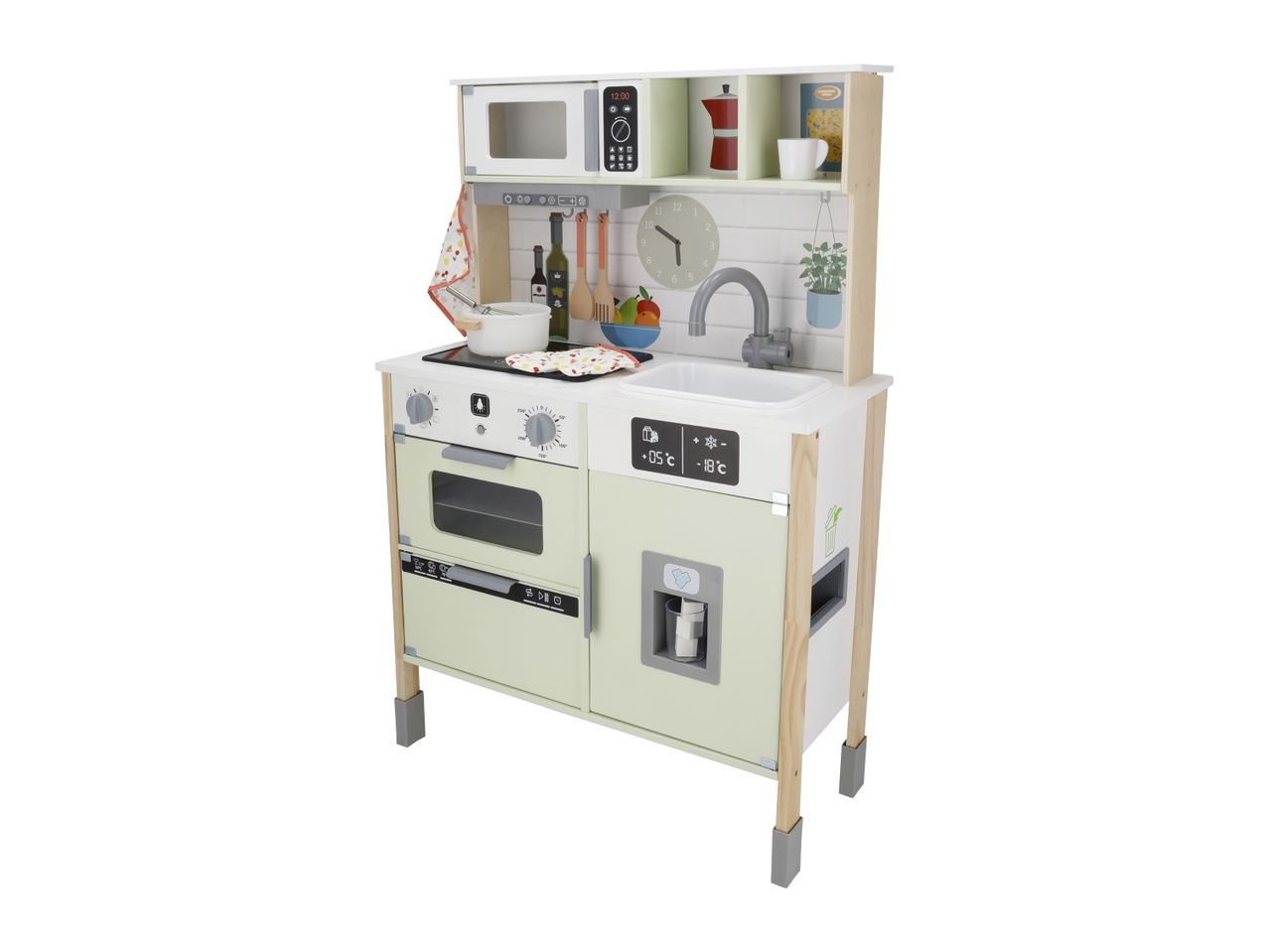 A modern wooden play kitchen with a microwave, oven, sink, and various accessories.