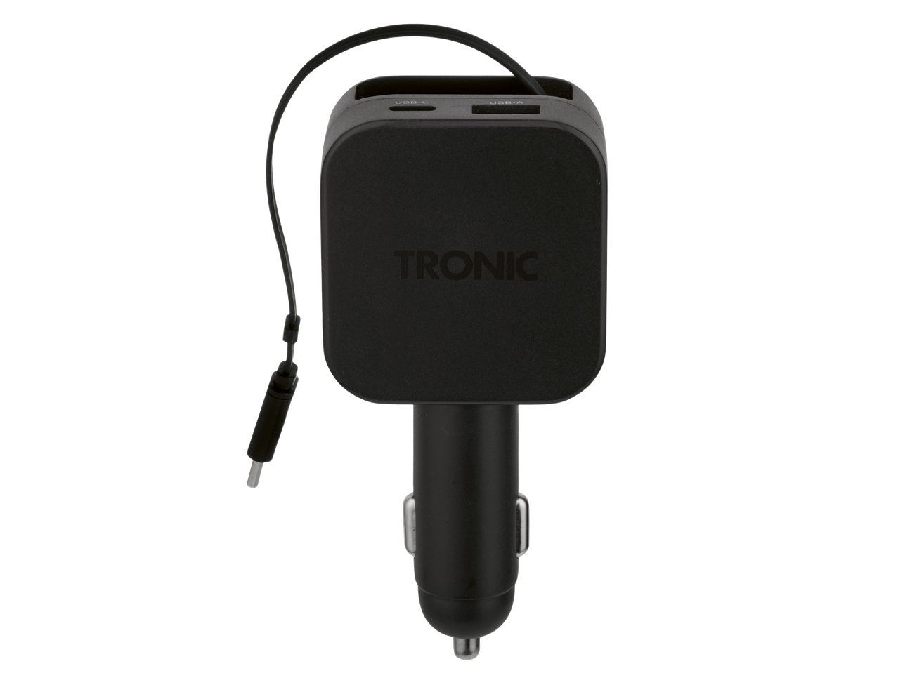Zwarte autolader met USB-C en USB-A poorten, en een geïntegreerde kabel.