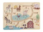 Wooden farm animal maze puzzle with a cow, horse, sheep, pig, donkey, rooster, ducks, dog, and cat.