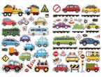A collection of colorful vehicle and road sign stickers.