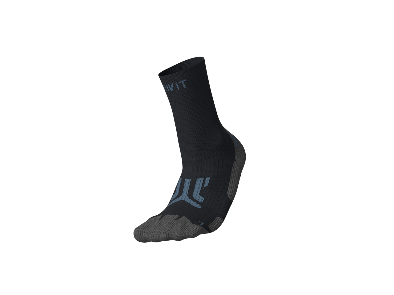 Tumšas CRIVIT pārgājienu zeķes ar rakstu un pelēkiem akcentiem.