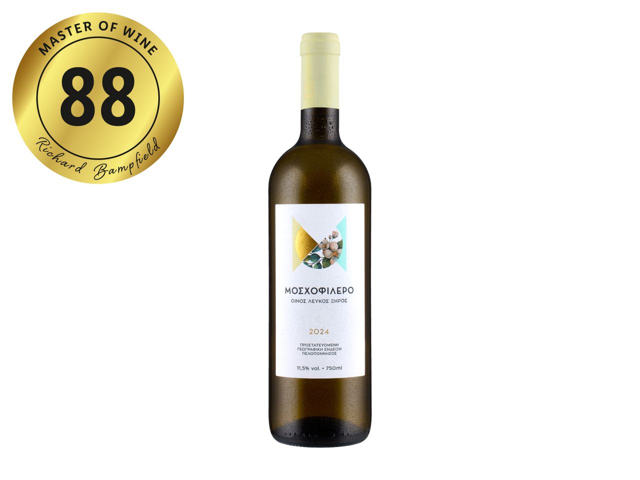 White wine bottle with a gold 88-point rating seal by Richard Bampfield.