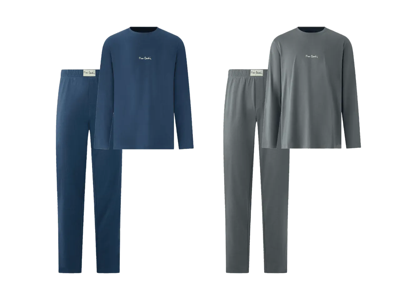 Deux ensembles de pyjamas pour hommes, l'un bleu marine et l'autre gris, avec des hauts à manches longues et des pantalons.