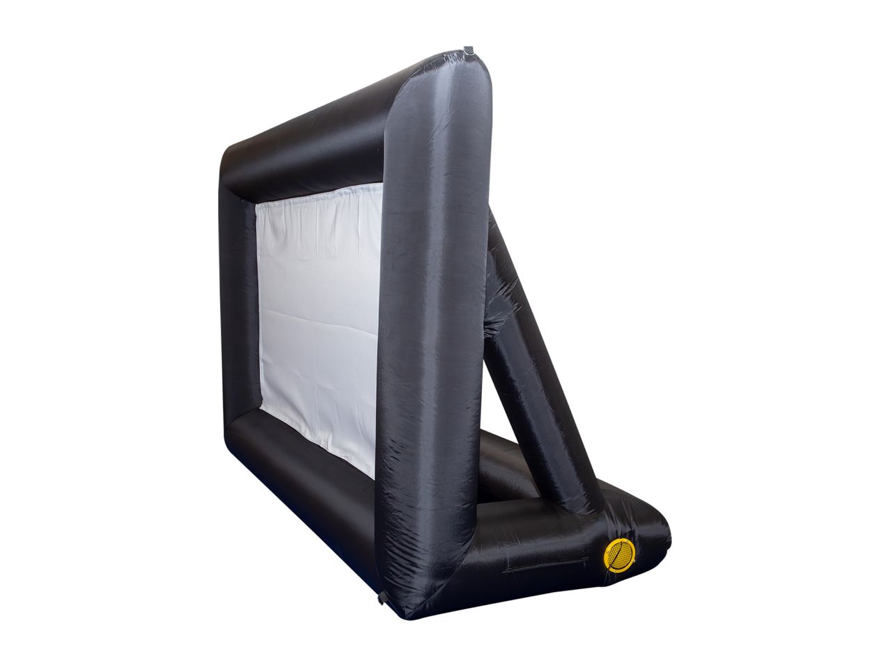 Inflatable outdoor movie screen with a white projection surface and black frame.