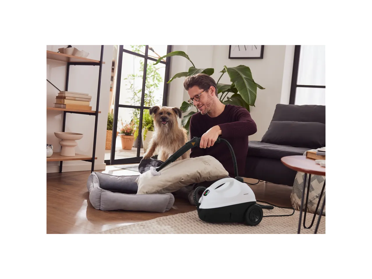 Homem a limpar almofadas e cama de cachorro com um vaporizador.