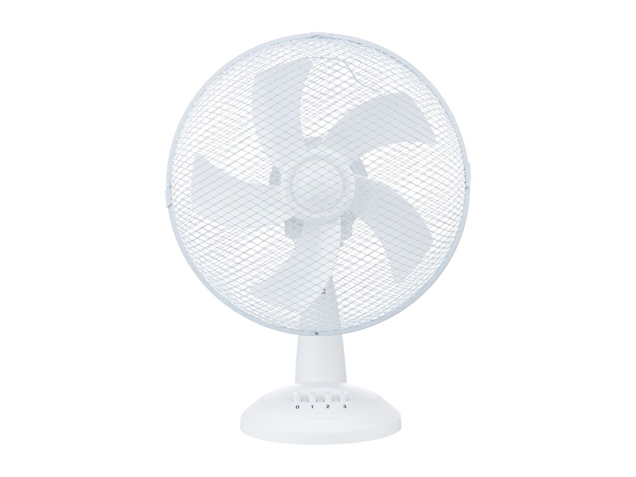 White electric table fan with a protective grille and speed settings 0, 1, 2, 3