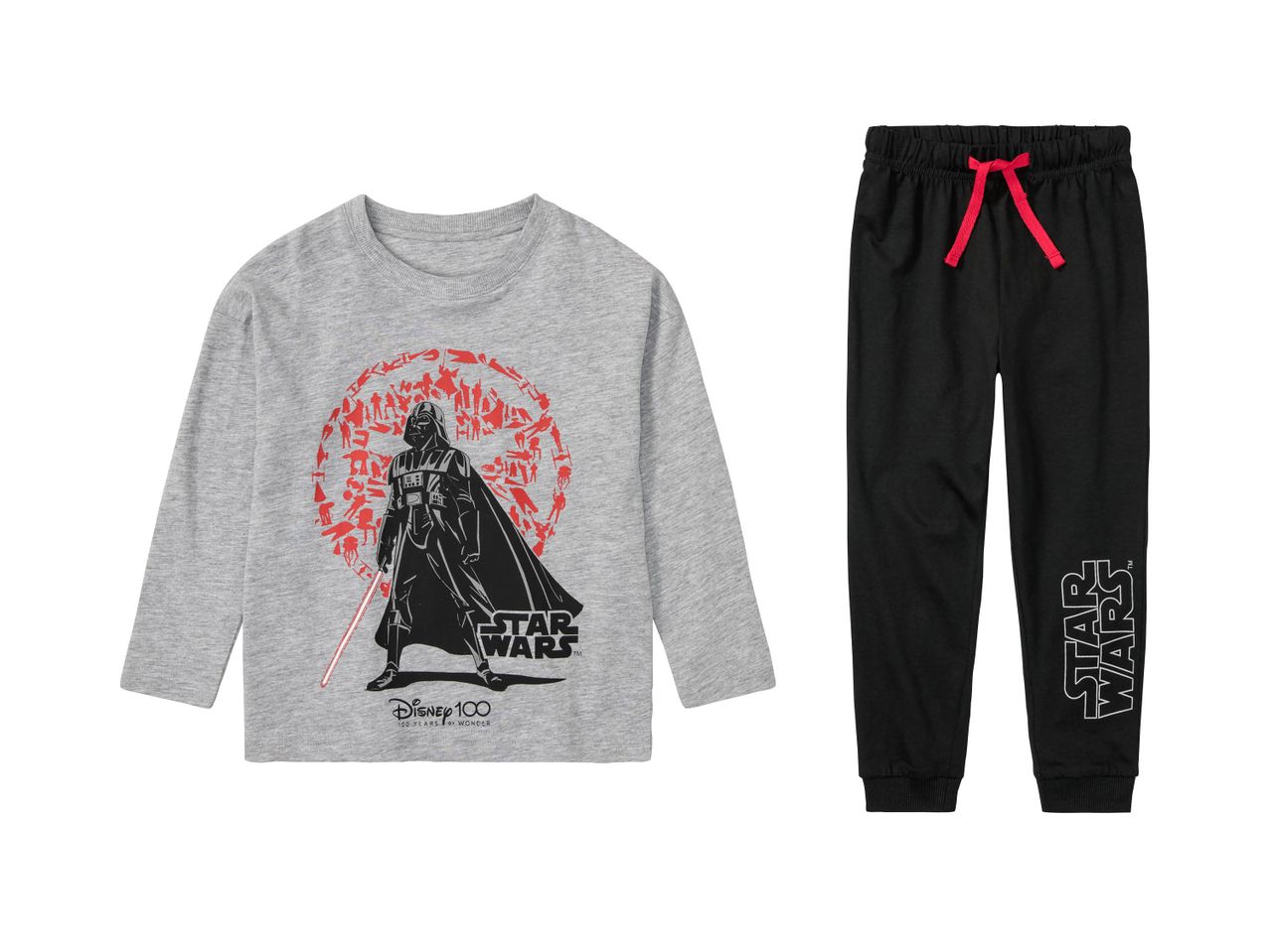 Pigiama Star Wars per bambini, con maglia grigia a maniche lunghe e pantaloni neri.