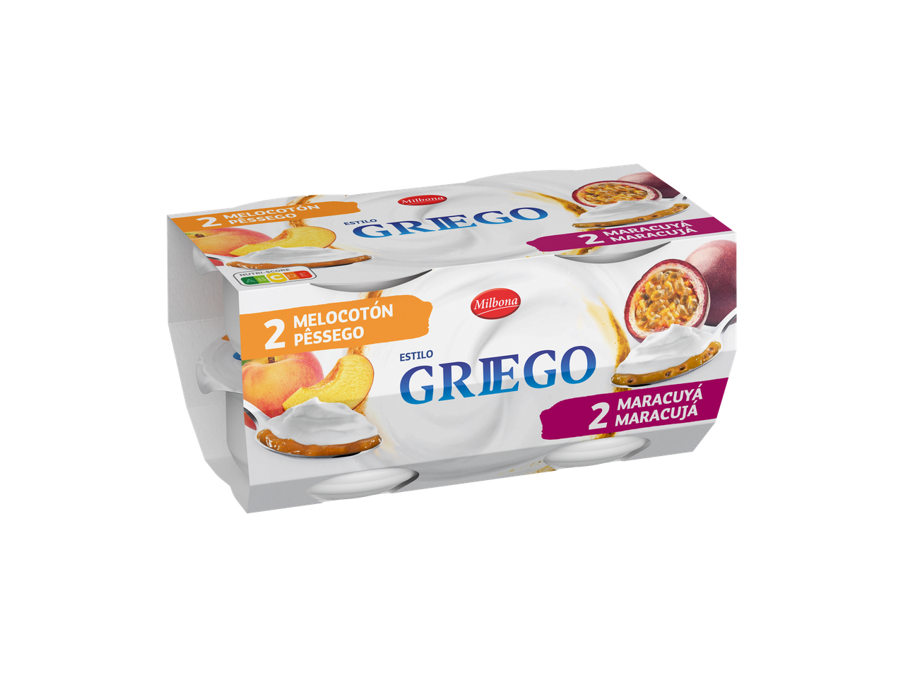 Iogurte grego Milbona de pêssego e maracujá, embalagem de 4.