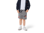 Kids' grey jersey shorts with a Cars print and a navy blue hoodie.