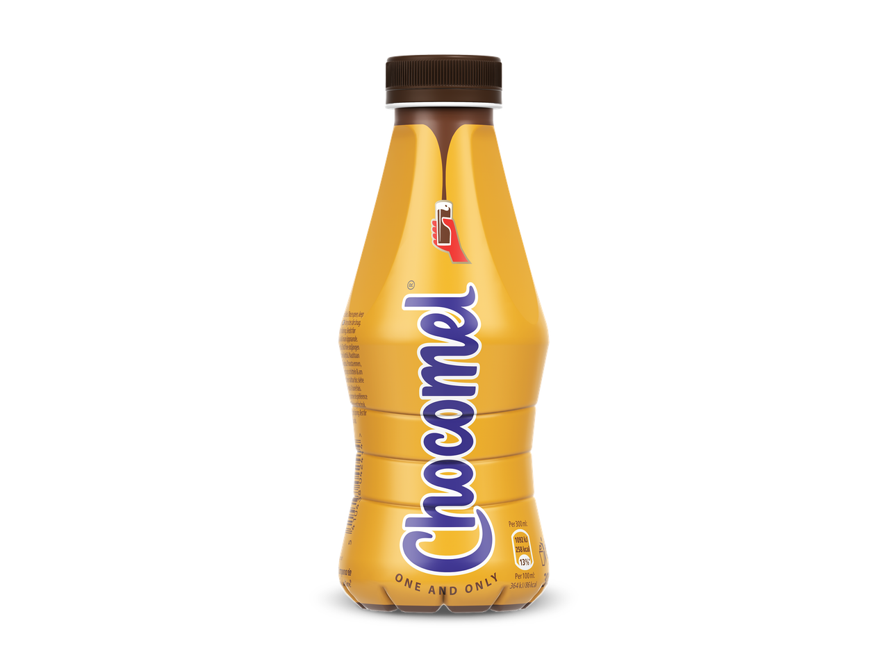 Een fles chocolademelk met de tekst 'ONE AND ONLY' en voedingsinformatie.