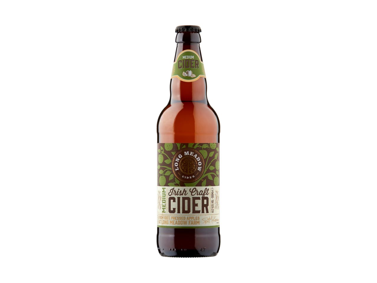 Long Meadow Irish Craft Cider bottle, medium variety.