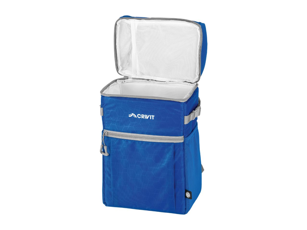 Open blue cooler backpack with a geometric pattern and a mesh pocket inside the lid.