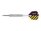 A single dart with a silver barrel and a purple and yellow striped flight featuring 'THE NUKE' text.