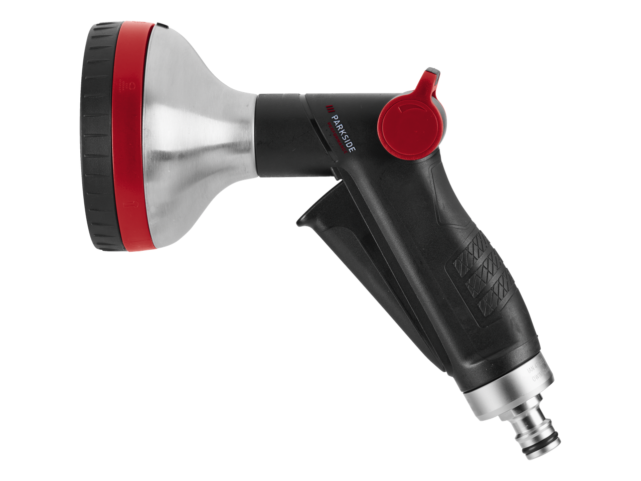 Dārza šļūtenes uzgalis ar regulējamu strūklu un ergonomisku rokturi