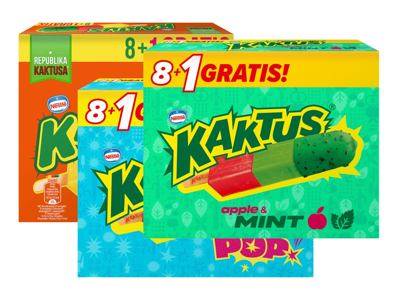 Nestlé Kaktus jäätisekarbid, millel on 8+1 tasuta pakkumine ja õuna-mündi maitse.