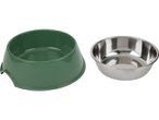 A green plastic pet bowl and a stainless steel pet bowl.