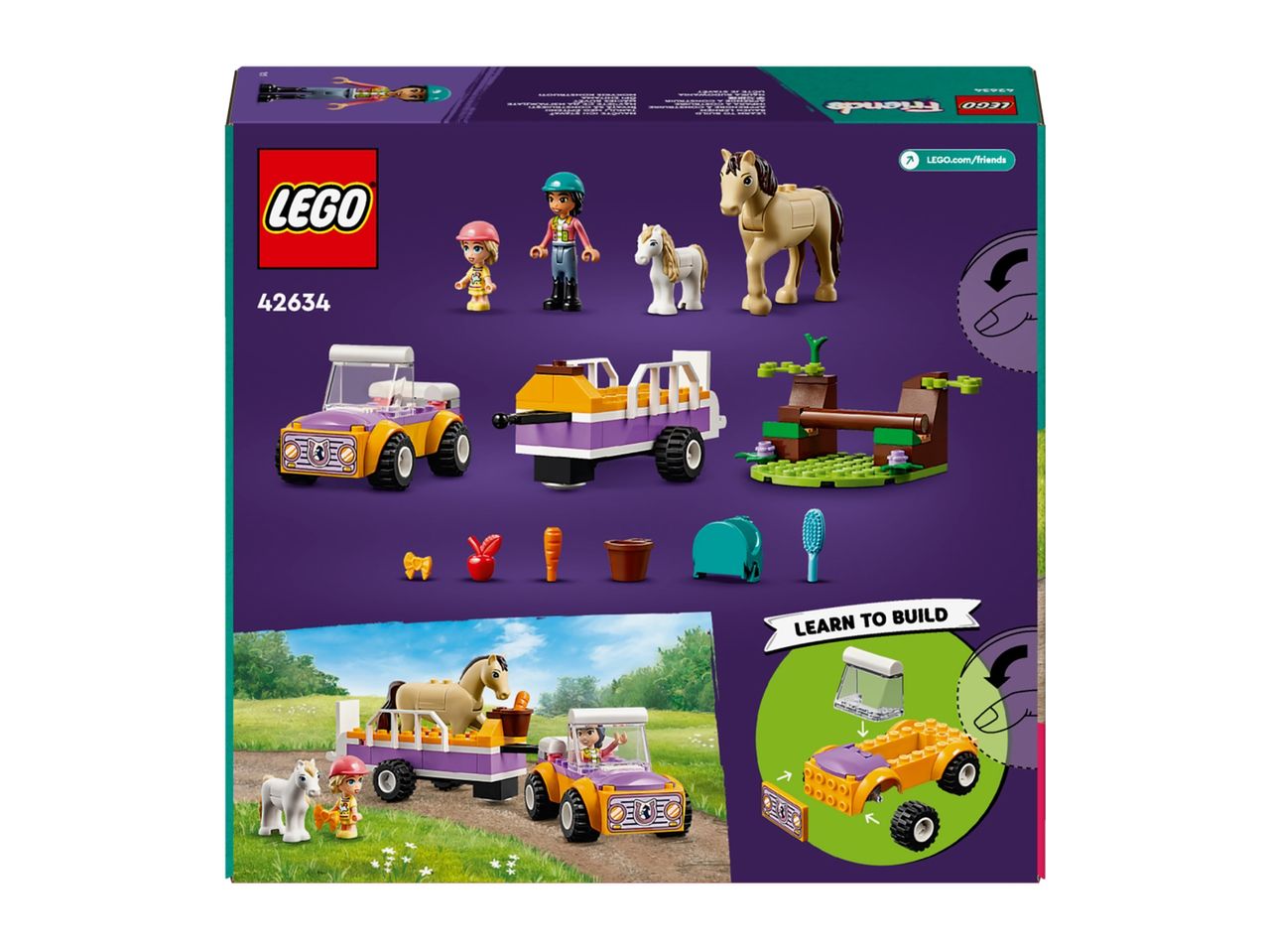 LEGO Friends horse trailer set with figures, horses, and accessories.