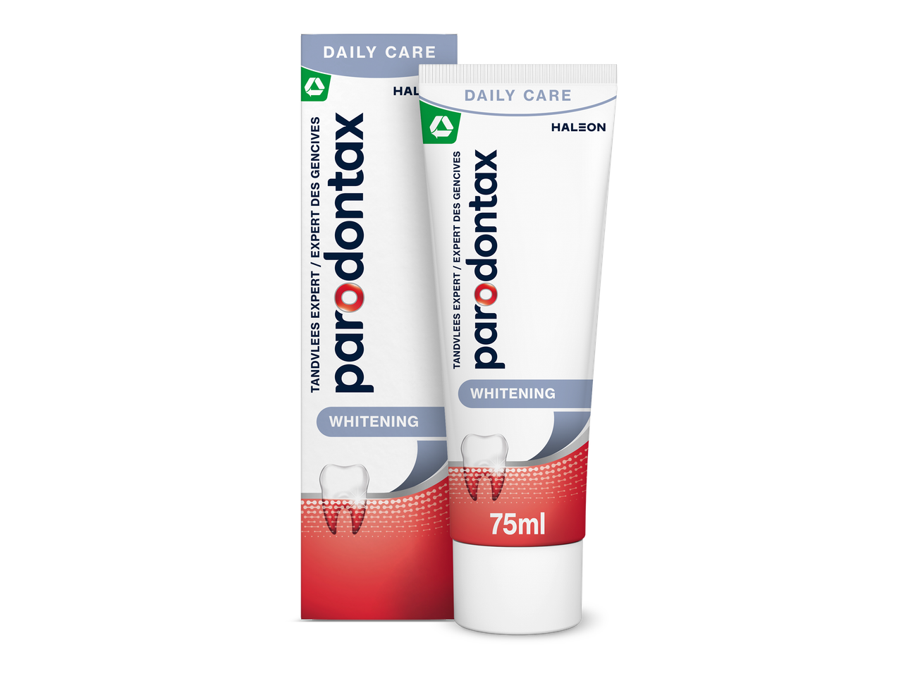 Twee tubes tandpasta voor dagelijkse verzorging en whitening, met een inhoud van 75 ml.