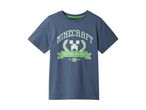En blå Minecraft børne t-shirt med et tryk af Minecraft logoet.