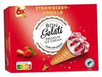 Škatla sladoleda Bon Gelati z okusom jagode in vanilije, s sladolednim kornetom in jagodami.