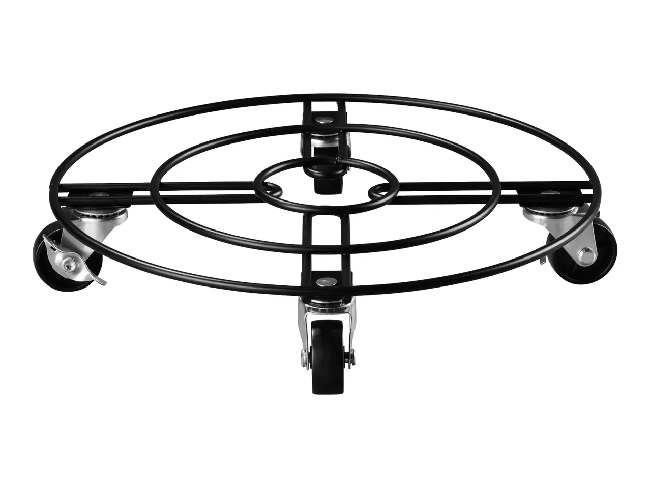 Black metal plant caddy with four wheels, one with a brake, on a white background.