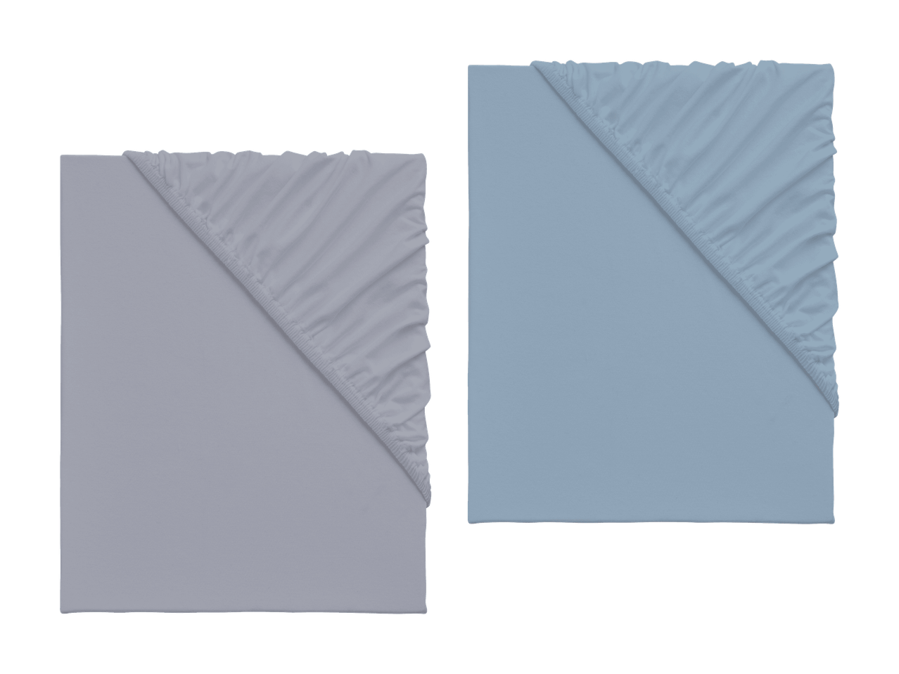 Deux draps-housses, l'un gris clair et l'autre bleu clair, pliés pour montrer les coins élastiques.