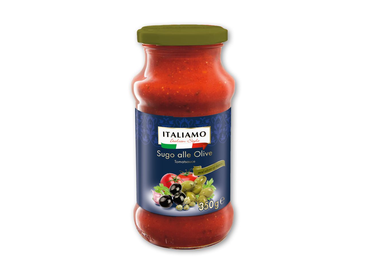 En flaske tomatsauce med oliven og kapers.