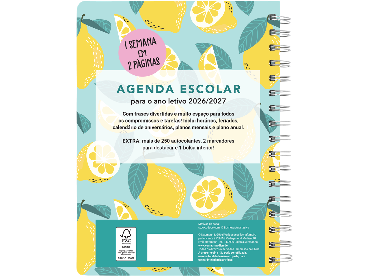 Uma agenda escolar 2026/2027 com tema de limões, incluindo autocolantes e marcadores.