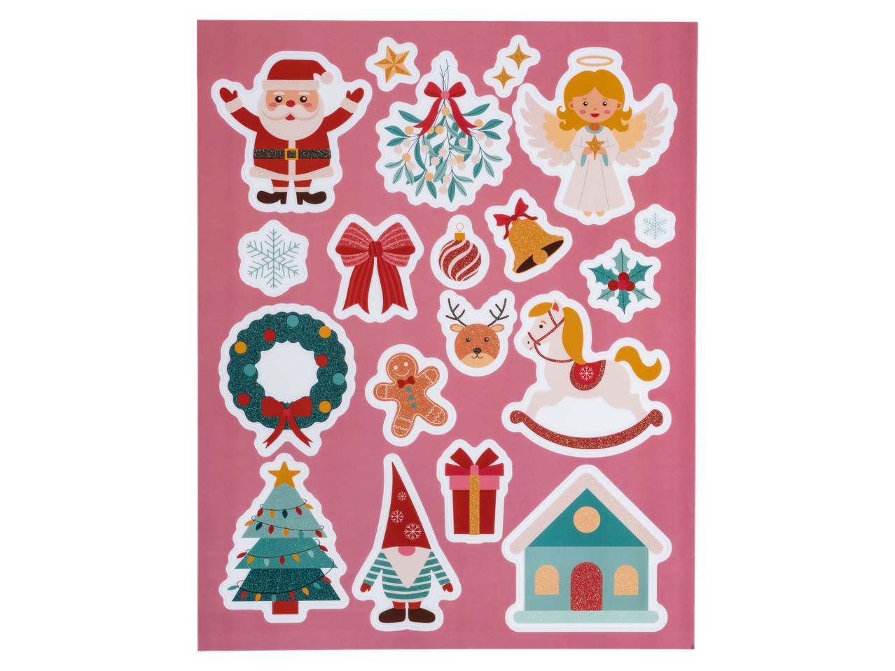 Livarno Home kalėdiniai langų lipdukai su Kalėdų Seneliu, angelu, amalu ir eglute.